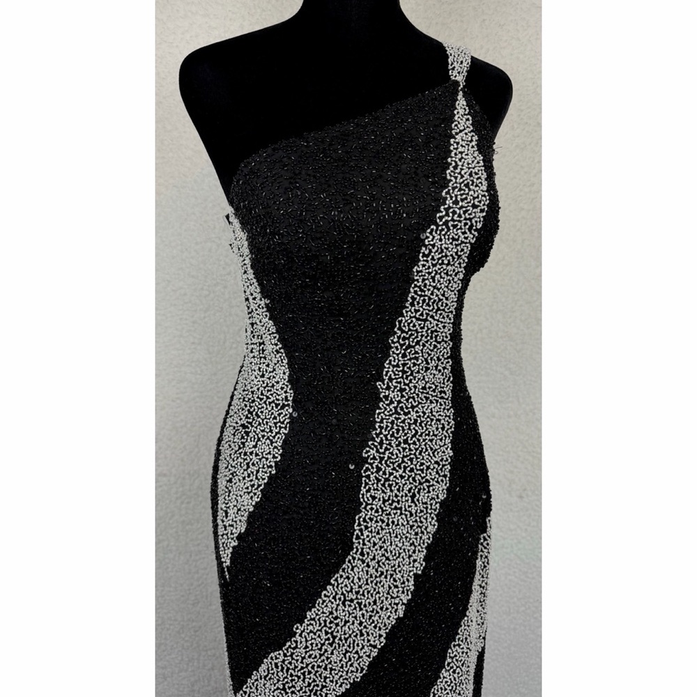 (VTG) SCALA • Black/White One-Shoulder Beaded Formal Maxi Gown w/ Side Slit, S - Picture 3 of 15